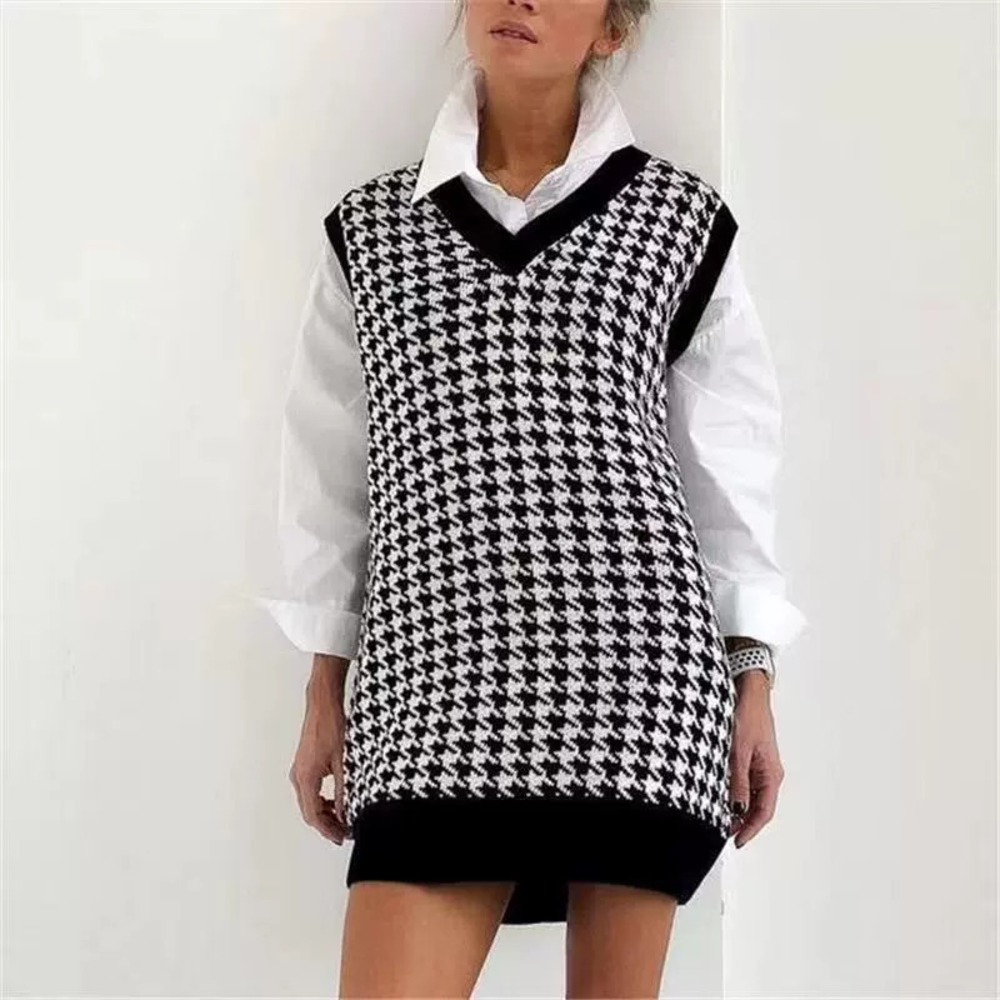 ZARA Womens Mid Length Loose Houndstooth Collar Pullover Sweater Vest